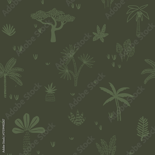 Tropical seamless pattern for apparel design, wallpaper, kids clothes. Palm trees with leaves background. Hawaiian seamless pattern.	

