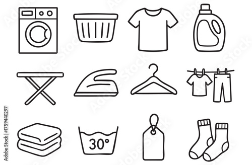 Household chores icon set – solid style laundry, cleaning, and organizing symbols for home management: washing machine, laundry basket, detergent, clothesline, iron, folding board, ironing board