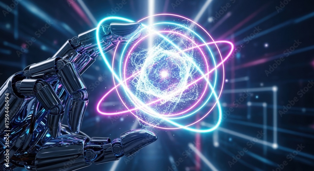 Fototapeta premium Futuristic robot hand manipulates glowing atom energy in digital space