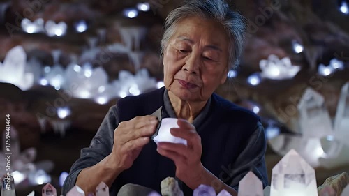 Elder woman examines glowing orb amidst illuminated crystal setting