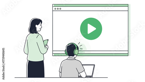 Woman teaching a man wearing headphones watching a video online vector illustration for e-learning and online education