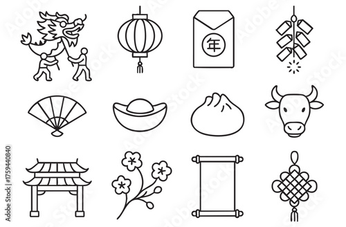 Chinese elements. Asian new year gold decorative patterns and lanterns, flowers, clouds and ornaments traditional oriental style vector set. Asian chinese oriental elements to holiday illustration