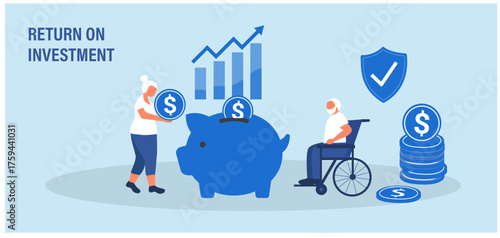 Pension Fund. Long-term Capital Investment for senior. Big Piggy Bank and Stack of Money. Pensioners Invest Money. Pension Savings, Insurance and Funded Pension financial investment planning savings, 