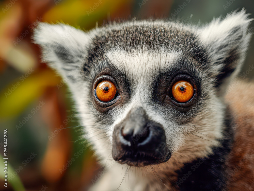 Obraz premium A close-up portrait of a ring-tailed lemur with bright orange eyes, an exotic wild animal in the jungles of Madagascar
