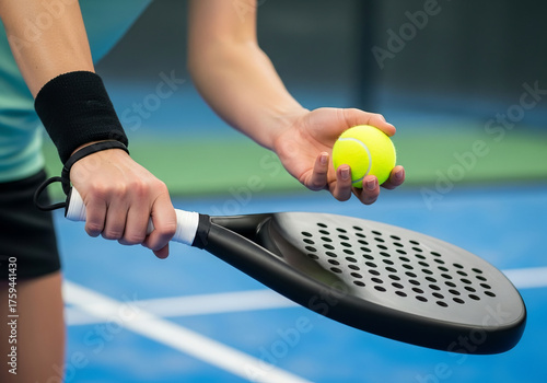 Close-up of female padel player holding racket and ball before serve on blue court, focus on hands and gear, outdoor professional sport scene