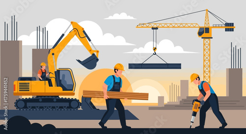 Construction workers with heavy machinery building on a site symbolizing development and industry