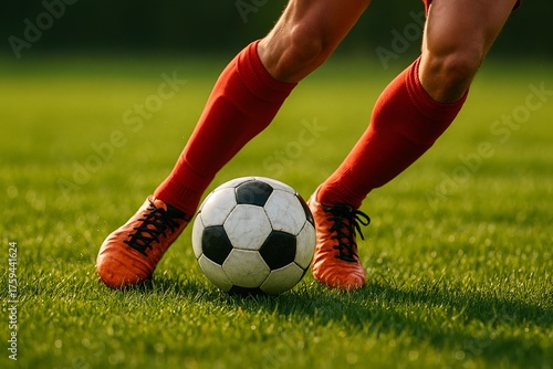 Close-up of soccer player dribbling black and white ball on green grass field, sports training concept