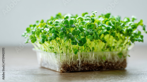 Fresh green microgreens grown in a transparent container, organic sprouts with roots on a wooden surface