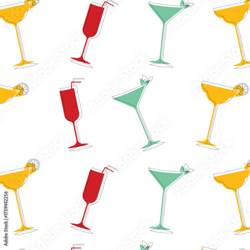 Seamless vector pattern of champagne glasses of different shapes: yellow with a slice of orange, red with a straw and green with mint leaves