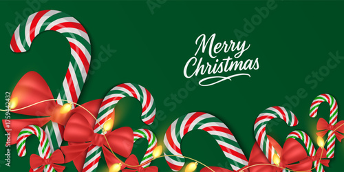 Merry Christmas and Happy New Year greeting cards, xmas banner background with typography, light, bow and candy cane for cover, poster design with trendy gradient shadow style illustration.