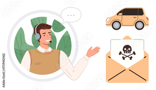 Smiling male support agent wearing a headset, yellow car icon, threatening email with skull alert. Ideal for security awareness, cybersecurity, fraud detection, IT, online scams, customer support