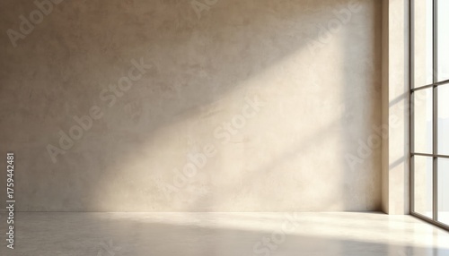 Neutral interior space with concrete wall floor. Light, shadow create minimalist modern aesthetic. Design great for product displays art presentations. Empty room studio for background backdrop.