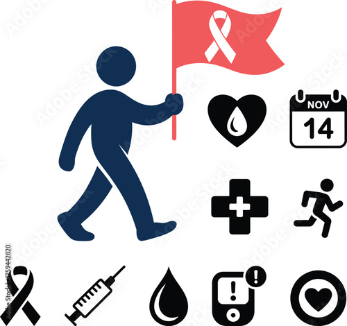 Person holding awareness ribbon flag with medical icons symbolizing health and hope