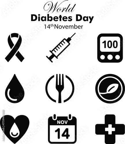 World diabetes day icons syringe blood drop calendar healthy food awareness ribbon