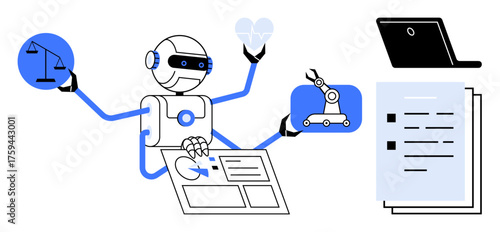 Robot multitasking with balance scale, computer screen, robotic arm, documents, and analytical charts. Ideal for technology, AI, robotics innovation automation workflow futuristic designs. Simple