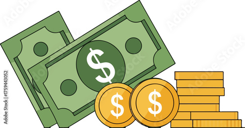 Vector art of two green banknotes with dollar signs and a stack of gold coins