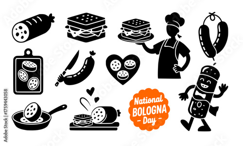 National Bologna Day Vector Set | Sandwich, Deli Meat, and Food Celebration Black Silhouette Illustrations