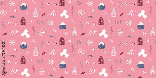 Seamless vector pattern in Scandinavian style on pink background. Christmas pattern with houses,trees,snowflakes,mountains, birds. Ornament for wrapping paper, textile, fabric, web.Vector illustration