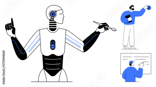 Humanoid robot multitasking with tools, man presenting creative ideas, professional analyzing a board. Ideal for technology, AI, innovation, teamwork, education futurism creative processes. Simple