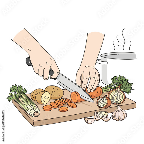 Hands chopping vegetables on board illustrated in warm natural colors