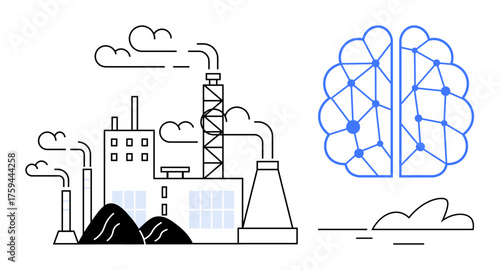 Factory releasing smoke paired with a neural network brain, symbolizing artificial intelligence in industries. Ideal for automation, industry 4.0, innovation, smart factories, AI integration