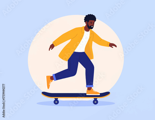 A man with dark curly hair and a beard, wearing a yellow jacket and blue pants, is skateboarding on a skateboard.
