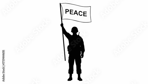 Powerful peace symbol soldier silhouette holding flag, advocating for global unity, harmony