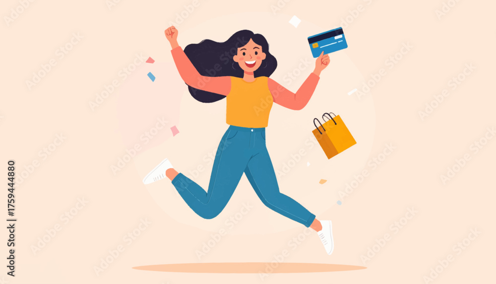 Fototapeta premium Woman jumping with credit card and shopping bag, celebrating a successful purchase.