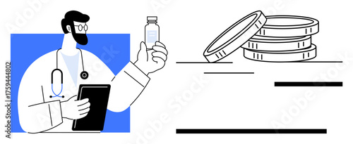 Doctor with stethoscope and tablet holds vaccine bottle next to stack of coins, representing healthcare cost, vaccination, financial planning, decision-making, medical research, and resources in