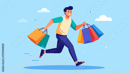 A happy man running with multiple colorful shopping bags after a successful retail therapy session.