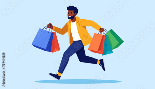 A cheerful man joyfully runs while carrying multiple shopping bags, depicting a shopping spree.