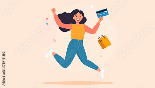 Woman jumping with credit card and shopping bag, celebrating a successful purchase.