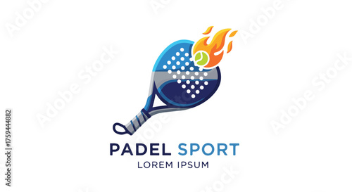 Dynamic padel sport logo design featuring a fiery tennis ball on a modern racket, symbolizing intense competition and athletic passion for racket sports