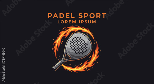 Paddle sport illustration with racket and fiery flame, eps vector design