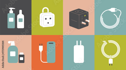 A grid of travel essentials including toiletries adapters and chargers in a flat vector illustration style