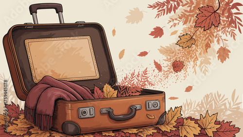 An open brown suitcase filled with a scarf and autumn leaves with more leaves falling around it