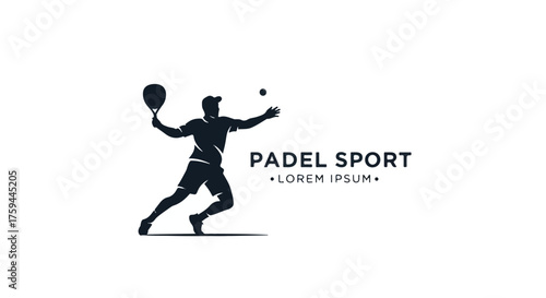 Padel Sport Logo Design Dynamic Silhouette of a Player in Action with Ball and Racquet