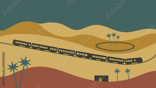 A train travels through a desert landscape with palm trees and a circular train track visible afar