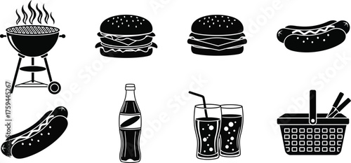 Silhouette illustration of various barbecue and picnic items, including grill, burger, hot dog, soda, and basket