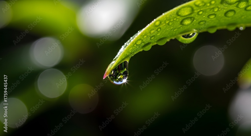 Fototapeta premium A crystal clear water droplet hangs precariously from the tip of a lush green leaf, reflecting the morning light
