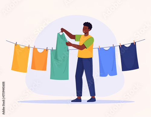 Illustration of a man hanging clothes on a clothesline with various colored shirts.
