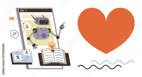 Robot on smartphone screen helping with a book, translation, and communication icons beside a heart and wave. Ideal for AI, education, technology, automation, translation learning innovation. Flat
