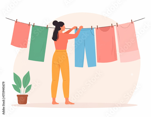 A young woman hangs freshly washed clothes on a clothesline to dry in a minimalist illustration style.