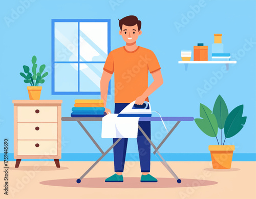 A smiling man is ironing clothes on an ironing board in a room with plants and furniture.