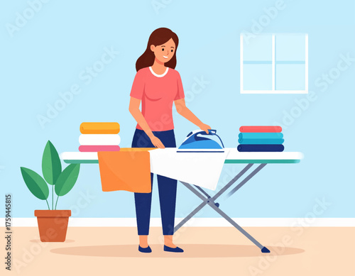 A woman ironing clothes on an ironing board in a room with a plant and a window.