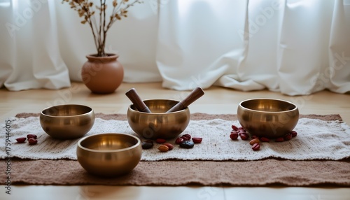 Four Brass Singing Bowls on Soft Fabric Surface with Natural Decor Elements in Serene Interior