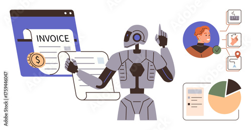 Robot handling invoice and reviewing workflow of circular avatars, task checklist, location pin, plus chart analysis. Ideal for tech, finance, automation, data AI workflow efficiency. Simple flat