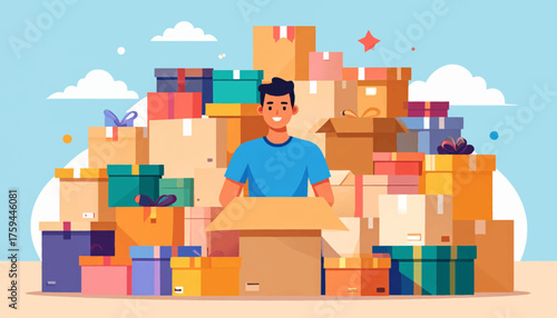 A man surrounded by a large pile of cardboard boxes, possibly moving or organizing.