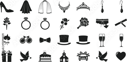 Collection of wedding related vector icons in black silhouette style, including dress, ring, cake, car, dove, heart