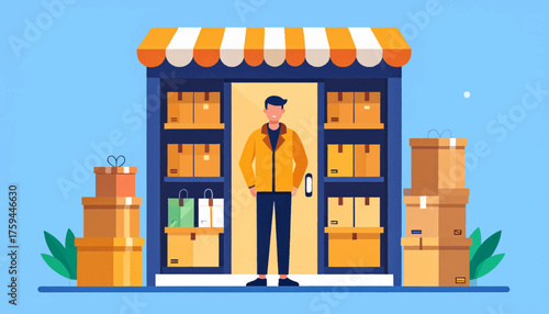 E-commerce entrepreneur standing in his storefront surrounded by cardboard boxes and packages for delivery.